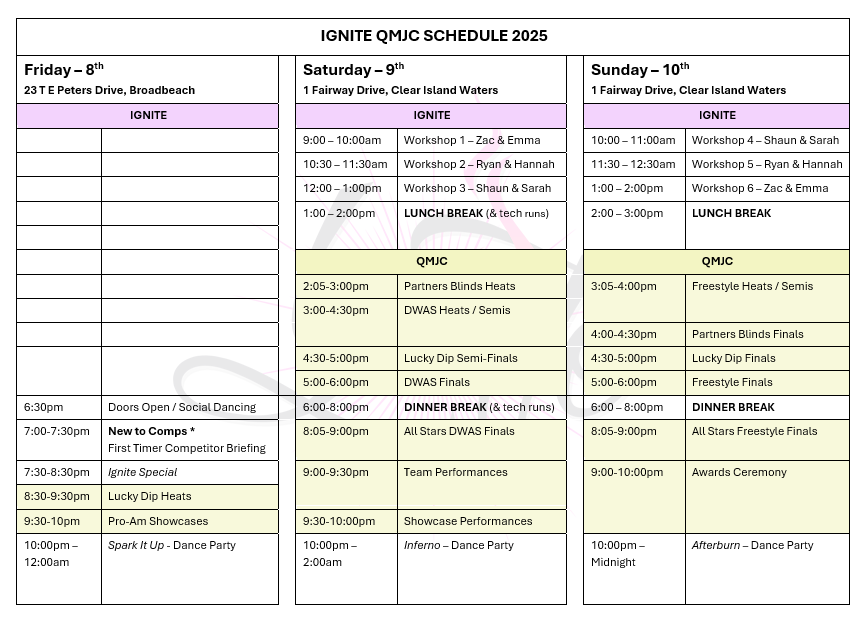 Ignite QMJC Weekender Schedule - 2025
